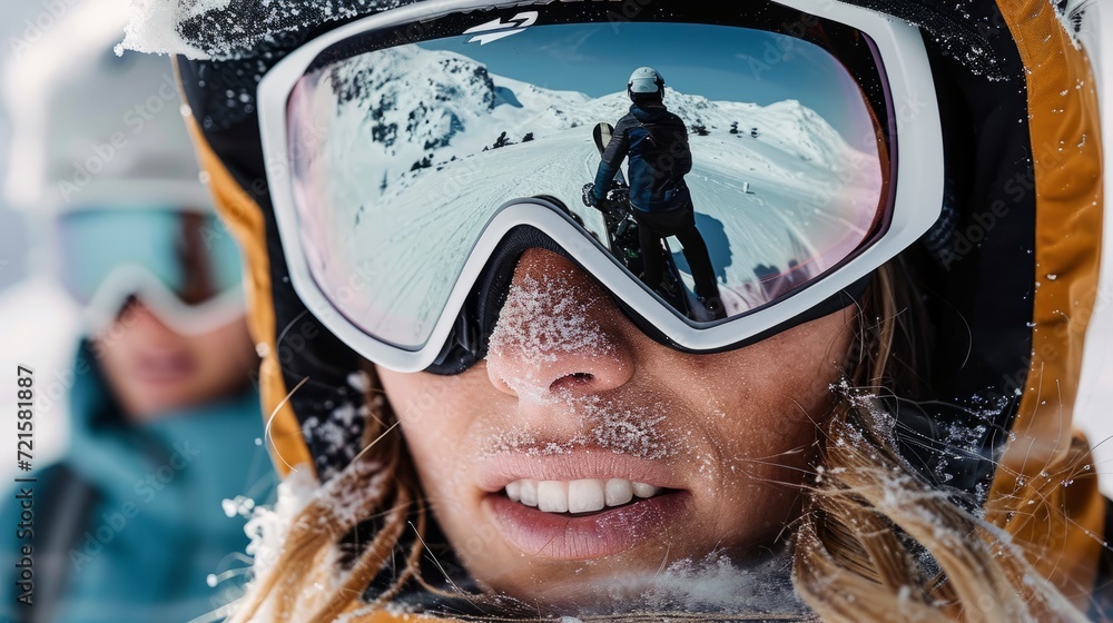 Close-up portrait of a female snowboarder or skier wearing protective helmet and ski goggles. Beautiful smiling Caucasian woman in ski goggles with reflection of snowed mountains and blue sky. Close-up portrait of a female snowboarder or skier wearing protective helmet and ski goggles. Beautiful smiling Caucasian woman in ski goggles with reflection of snowed mountains and blue sky.