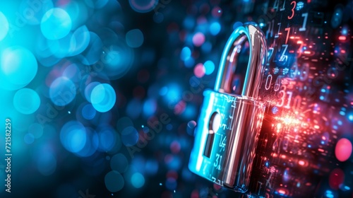 Padlock gleaming over a backdrop of blurred digital numbers, symbolizing cybersecurity and data protection