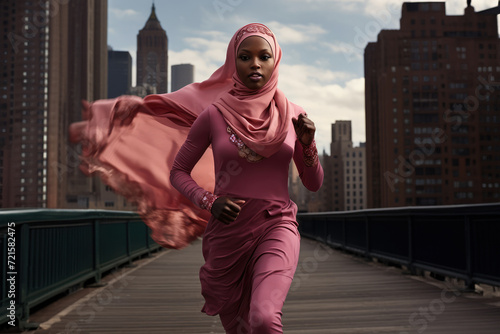 Beautiful black skin hijab muslim woman running away over blurred city background. Symbolized fight for women's rights, equality. Female running away from pressure seeking for freedom photo