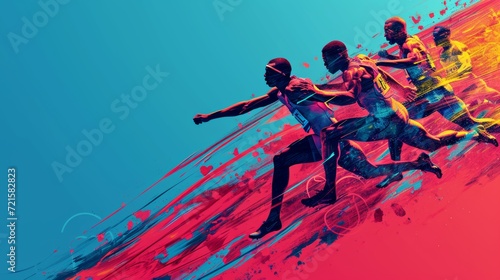 Runners in motion, their forms casting vibrant red and blue hues across the canvas.