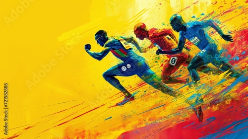 Athletes in full sprint, depicted with a vivid array of abstract colors.
