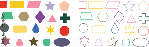 Basic geometric shapes kids, colorful cute line and flat icons set, cartoon characters isolated on transparent background. Education and children game. Geometric primitives vector collection.