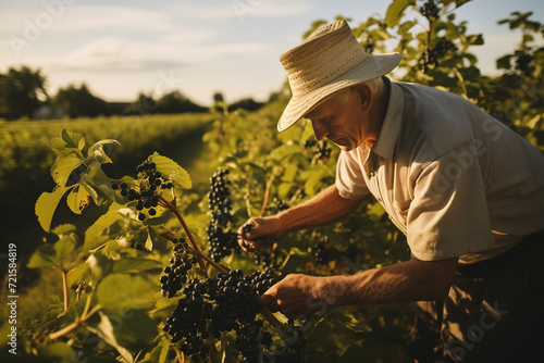 Senior male farmer in shirt and straw hat harvesting blackberries in field on sunny day