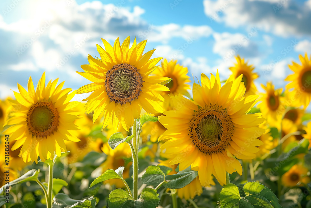 Fototapeta premium Generate a cheerful and uplifting painting of a field of sunflowers, with their bright yellow petals shining under the warm sun
