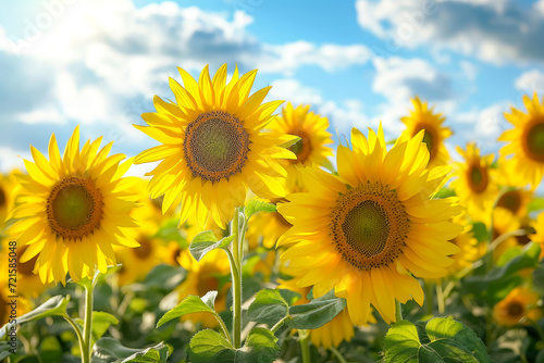 Generate a cheerful and uplifting painting of a field of sunflowers  with their bright yellow petals shining under the warm sun