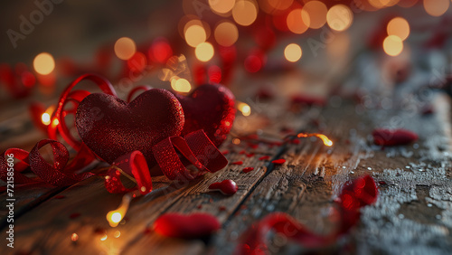 Lovely Valentine's Day background with hearts and ribbons on a wooden background. With copy space. High quality photo