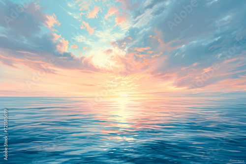 Generate a peaceful and uplifting painting of a breathtaking sunset over a calm ocean