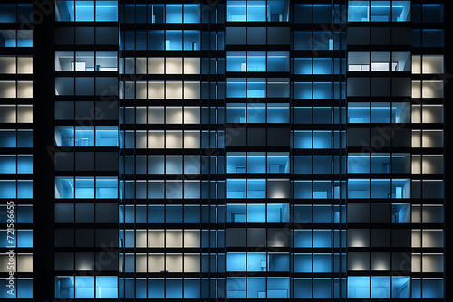 office building in night, seamless skyscraper facade with blue tinted windows and blinds at night. Modern abstract office building background texture with glowing lights against dark black 