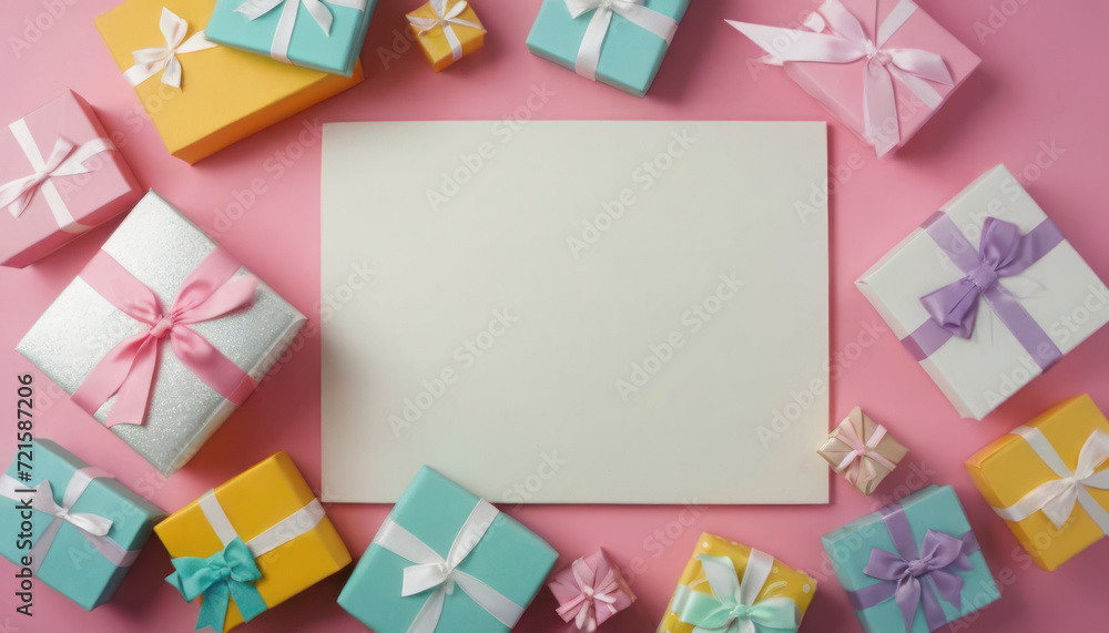 Gifts and Note on Pink Background. A collection of gift boxes with ribbons surround a blank white note on a pink background. The concept Valentine’s Day or birthday