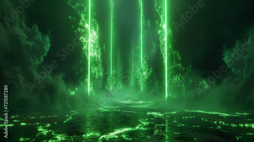 Surreal abstract landscape with flowing green lava and radiant light beams.