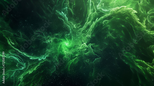 Abstract cosmic energy with a swirling green nebula effect.