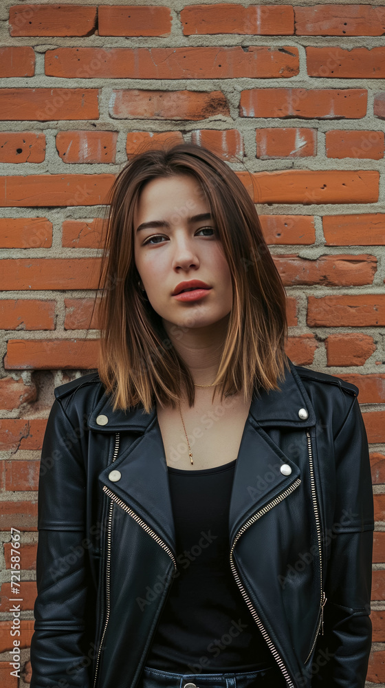 Generate a portrait of a woman with straight hair, wearing a black leather jacket, and standing in front of a brick wall