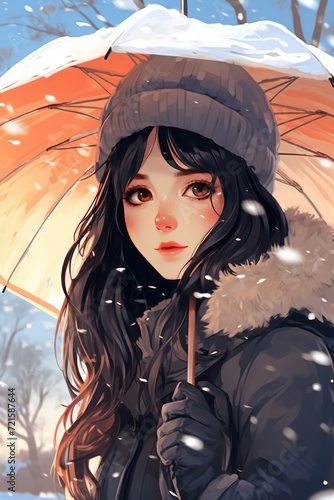 cartoon girl with umbrella in snow