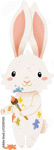 Easter cartoon white spring bunny with wildflower illustration. Cute easter character. Transparent background