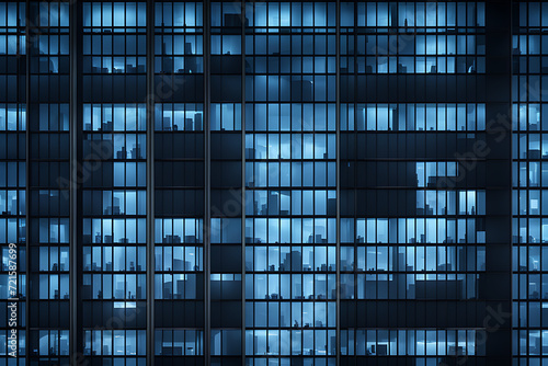 Foto office building in night, seamless skyscraper facade with blue tinted windows and blinds at night