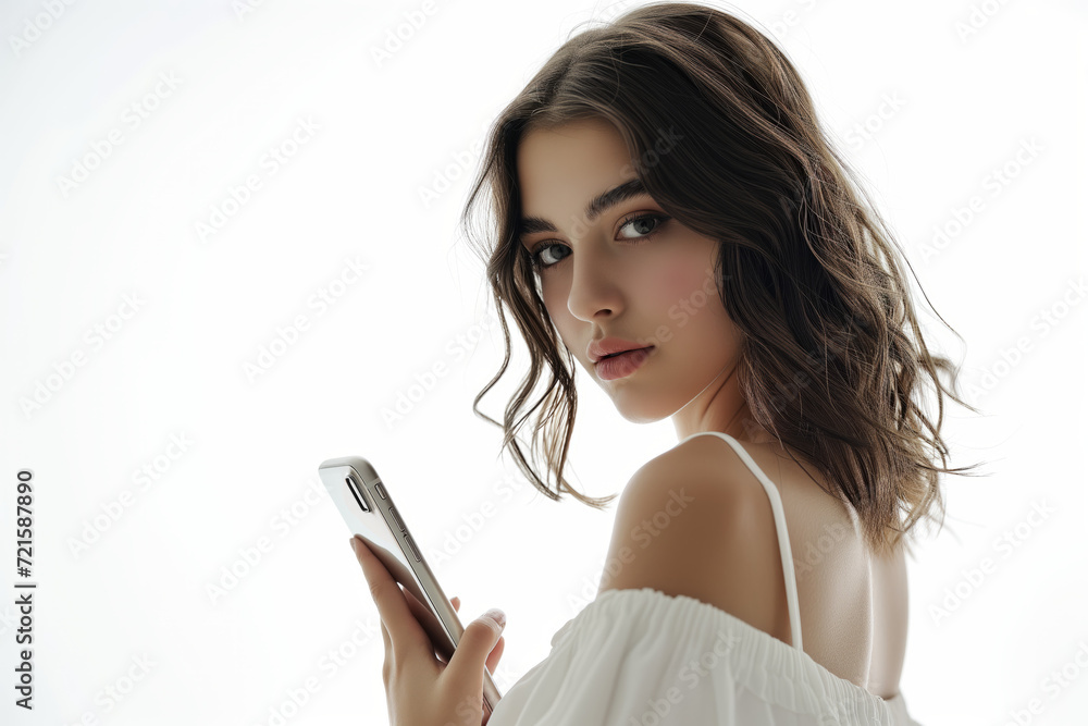 Portrait of dark-haired girl with phone and in white dress with straps on light background with space for text Portrait of dark-haired girl with phone and in white dress with straps on light background with space for text