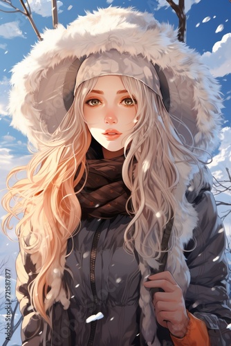 cartoon sad girl in the snow