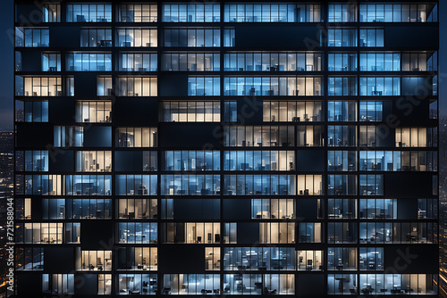 Leinwand Poster office building in night, seamless skyscraper facade with blue tinted windows and blinds at night