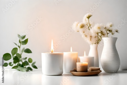 candle in white ceramic pot on a white background ,a vase with a candle. Cozy home natural eco decor