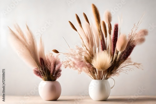 Stylish modern dried flower arrangement in a cream and pink vase. Including Banksia, pampas grass, bulrush and ruscus leaves © Naila