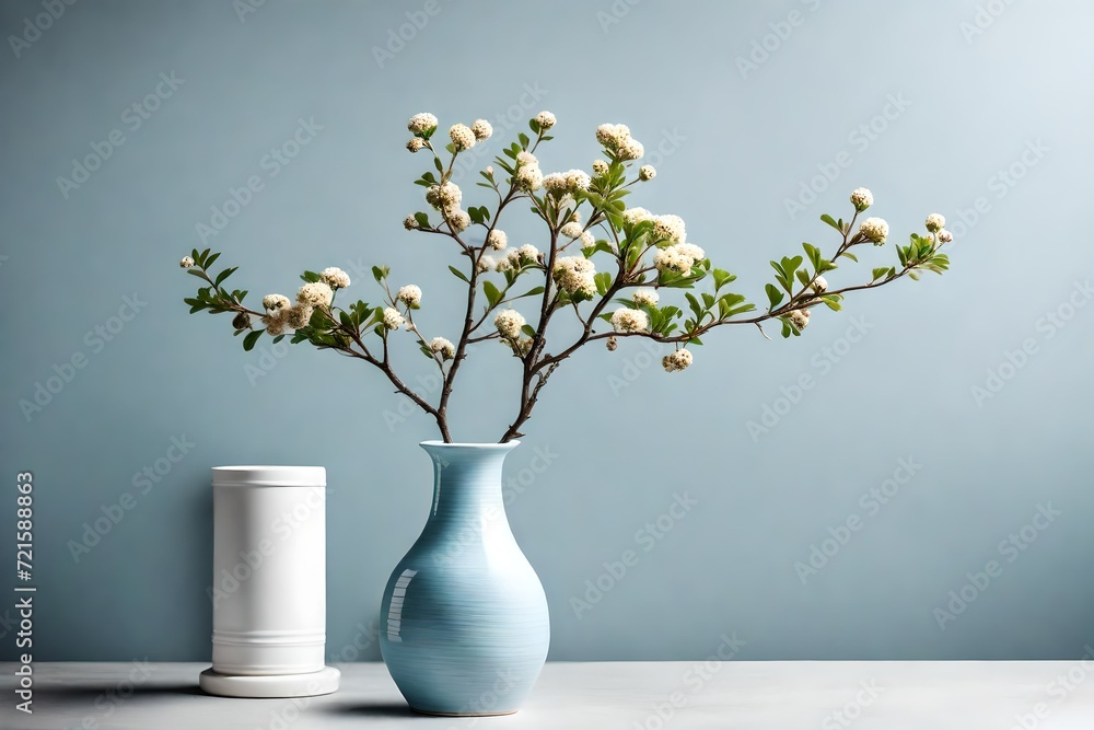 blue ceramic Vase with beautiful blossoming branches on wooden table