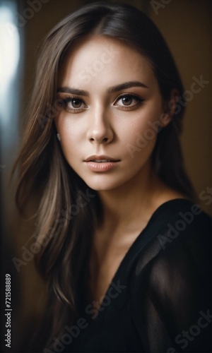 A portrait of a beautiful Swedish woman with large eyes. Wearing a tight black dress.