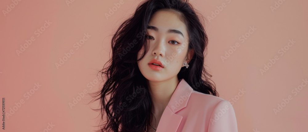 Sophisticated Asian beauty with tousled hair in a blush blazer against a pastel pink backdrop Sophisticated Asian beauty with tousled hair in a blush blazer against a pastel pink backdrop