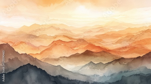 Watercolor landscape featuring a mountain view, Misty mountains watercolor background. Beautiful simple painting of mountains.