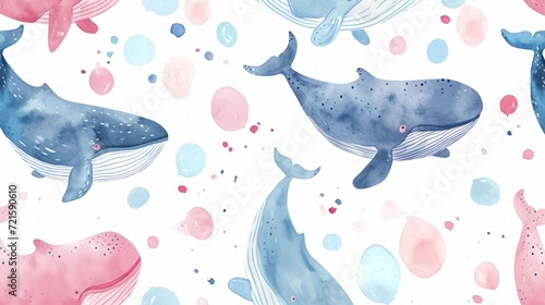 Cute whale watercolor illustration. Watercolor painting of whale. Clip art composition of humpback whale with flowers in the sea.