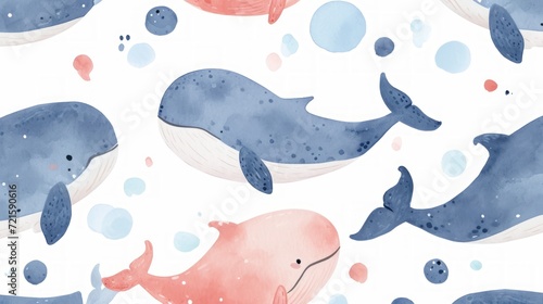 Cute whale watercolor illustration. Watercolor painting of whale. Clip art composition of humpback whale with flowers in the sea.