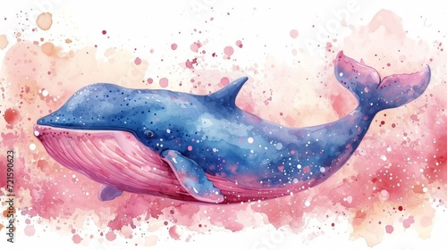 Cute whale watercolor illustration. Watercolor painting of whale. Clip art composition of humpback whale with flowers in the sea.