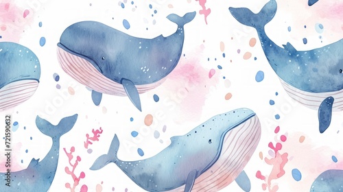 Cute whale watercolor illustration. Watercolor painting of whale. Clip art composition of humpback whale with flowers in the sea.