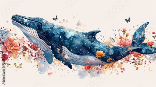 Cute whale watercolor illustration. Watercolor painting of whale. Clip art composition of humpback whale with flowers on white background, isolated.