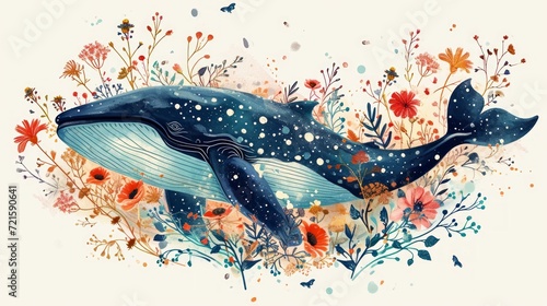 Cute whale watercolor illustration. Watercolor painting of whale. Clip art composition of humpback whale with flowers on white background, isolated.