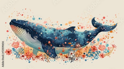 Cute whale watercolor illustration. Watercolor painting of whale. Clip art composition of humpback whale with flowers on white background, isolated.