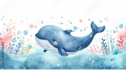Cute whale watercolor illustration. Watercolor painting of whale. Clip art composition of humpback whale with flowers in the sea.