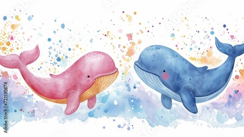 Cute whale watercolor illustration. Watercolor painting of whale. Clip art composition of humpback whale with flowers in the sea.