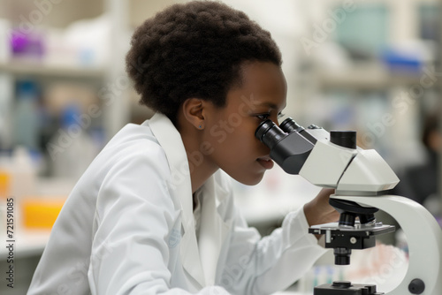Black female scientist looking through microscope while working in laboratory