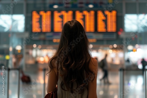 Rear view of a woman looking at arrival departure board.