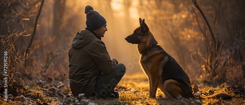 dog in the forest, a German Shepherd Dog sitting obediently beside its owner, forming a strong bond of trust and companionship. The image conveys the breed's affectionate and loyal nature