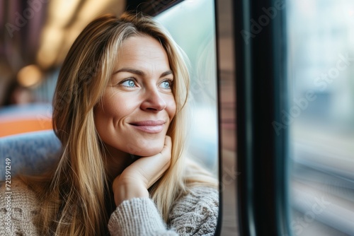 Smiling businesswoman looking through window while riding in train