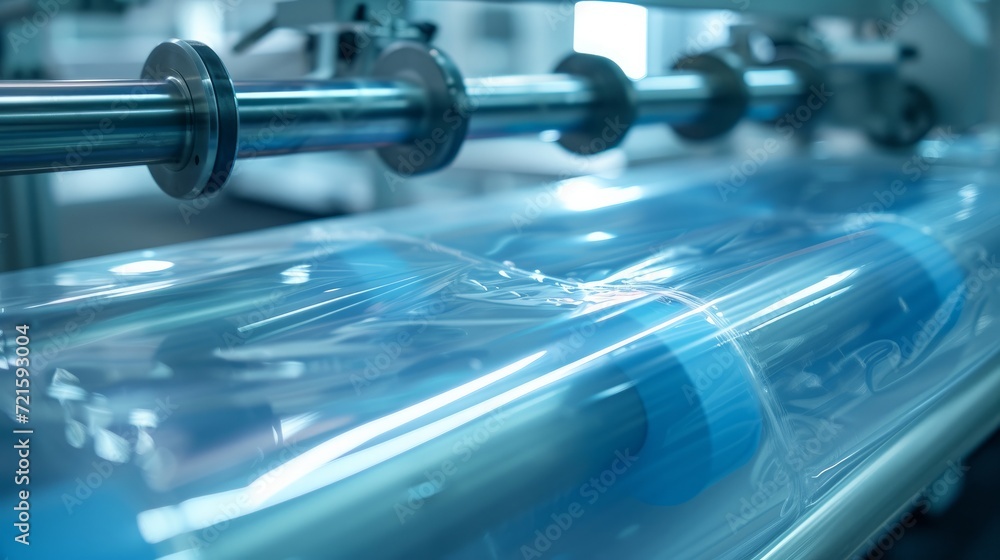 Automatic polyethylene plastic bag production machine with lighting effect. Close-up of the roller of the plastic bag production machine in the light blue scene. product packaging concept Automatic polyethylene plastic bag production machine with lighting effect. Close-up of the roller of the plastic bag production machine in the light blue scene. product packaging concept