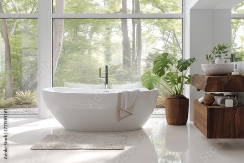 Interior of modern minimalist eco-style bathroom in luxury villa. White walls  wall-hung wooden cabinet with surface-mounted sink  freestanding bath  indoor plants  panoramic window.