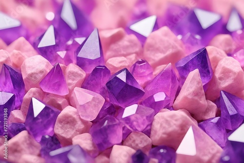 Abstract background of a large number of pink and purple crystals. Bright close-up of multi-colored crystals.