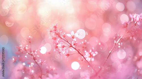 Spring pastel pink background with branch of cherry blossom