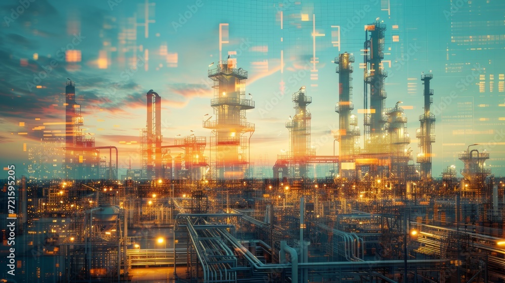Future factory plant and energy industry concept in creative graphic design. Oil, gas and petrochemical refinery factory with double exposure arts showing next generation of power and energy business Future factory plant and energy industry concept in creative graphic design. Oil, gas and petrochemical refinery factory with double exposure arts showing next generation of power and energy business