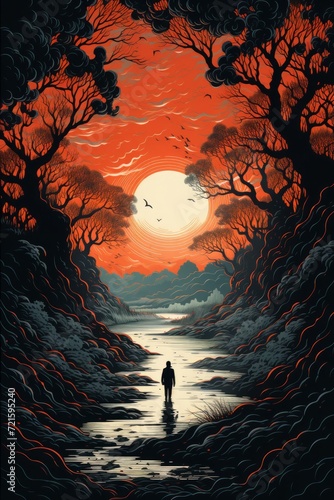 Impressive wonderful natural Digital Painting of sunset scene in the mountain