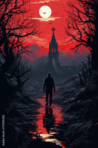 Illustration of a man walking toward church in dark scene and horror vibes 