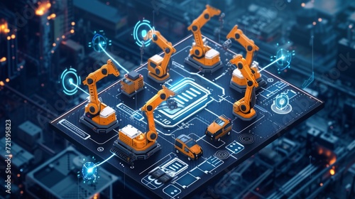 Industry 4.0 technology concept - Smart factory for fourth industrial revolution with icon graphic showing automation system by using robots and automated machinery controlled via internet network photo