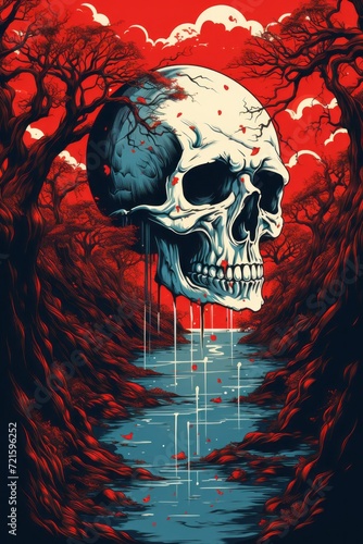Horror digital illustration of a skull in the dark place with red sky in the horror vibes